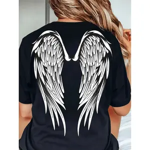 Versatile AllSeason Knitted Polyester Womens Geometric Angel Wings Casual Round Neck Short Sleeve TShirt
