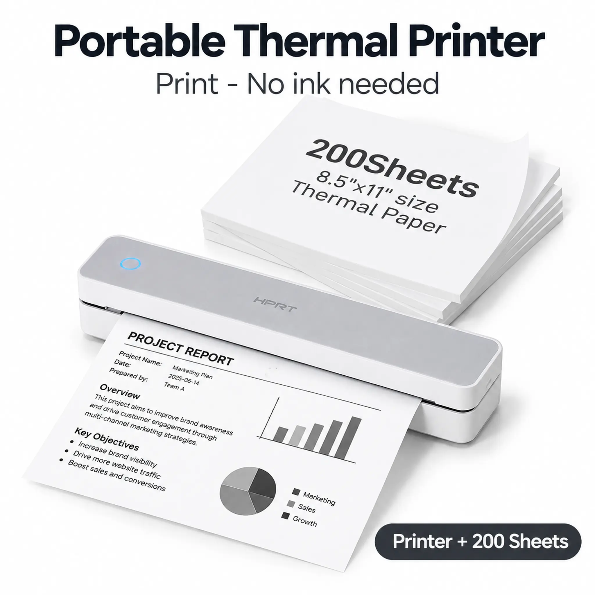 Printer + 200 Sheets Bundle, Portable Wireless Thermal Printer, Inkless Bluetooth Printing, US Letter & A4