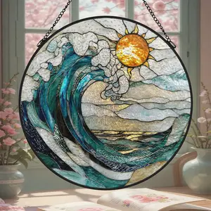 Blue and White Waves Stained Glass Window Hanging Suncatcher - Diamond Glass Panel Landscape Decor, 3.5in/6.3in/7.8in Metal Frame Ornaments, Christmas Gift for Women (Wife, Mom, Aunt) Ornaments Hangable