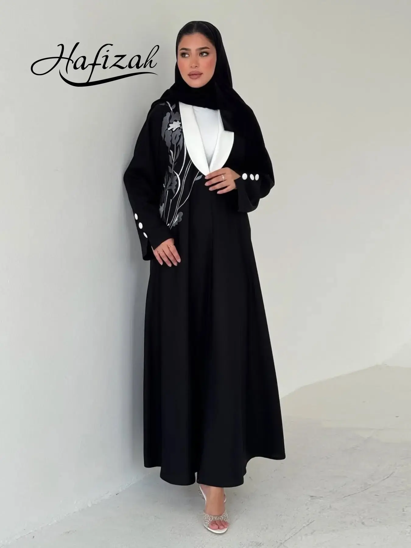 Hafizah Floral Embroidery Long Robe, Modest Muslim Outfits Loose Fit Slimming Collar Buttoned Long Sleeve Dress, Elegant Cape Set, Modest Muslim Clothing