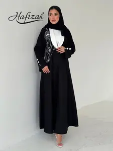 Hafizah Floral Embroidery Long Robe, Loose Fit Slimming Collar Buttoned Long Sleeve Dress, Elegant Cape Set