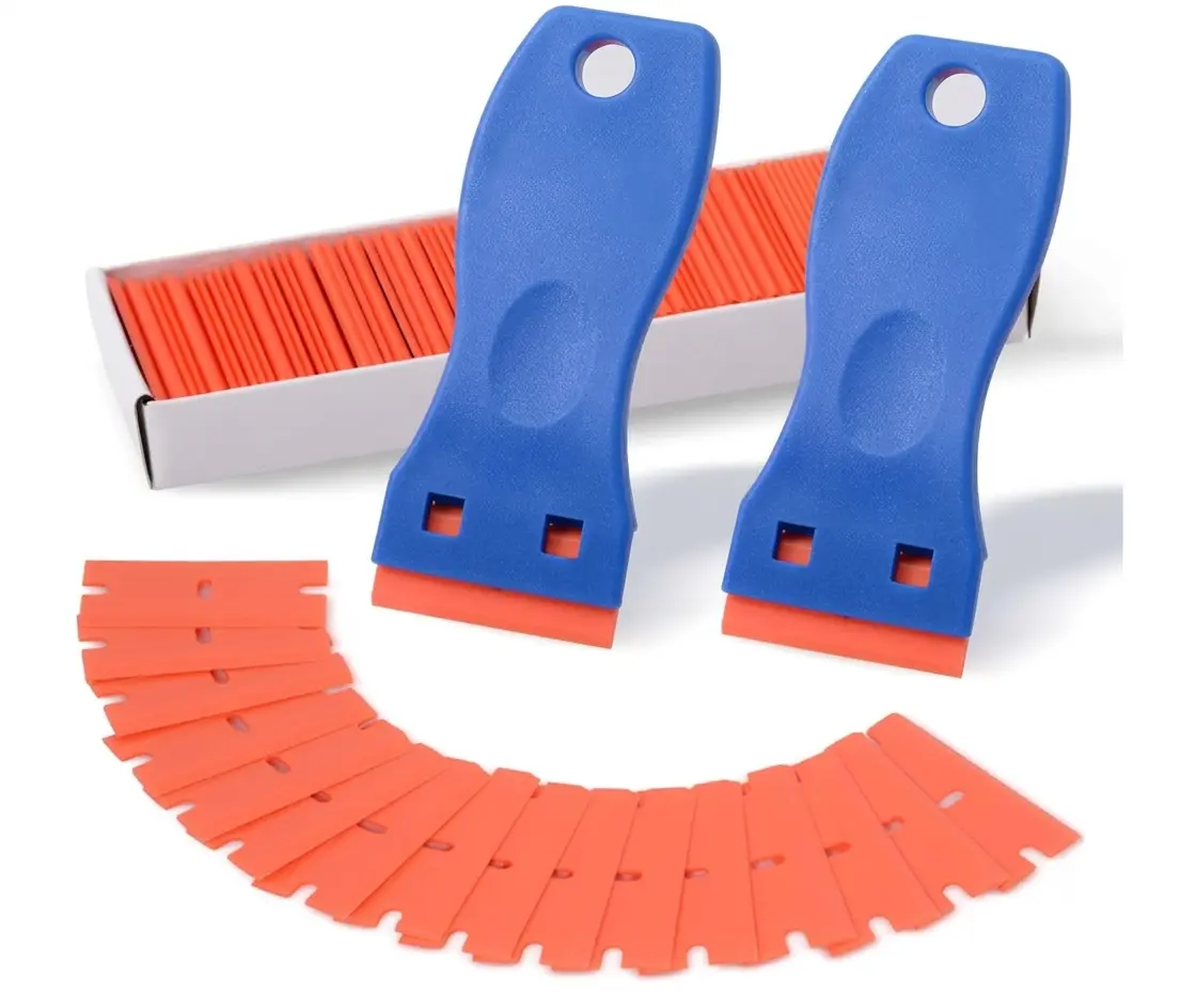 Plastic Scraper Blade Scraping Kit - 2 Angled Head Scraper Tools, 100 Blades, 12x3x1 in, 16 oz, Lasting Using Adhesive Remover for Decal Removal, Gasket Removal on Windows, Glass, Economical