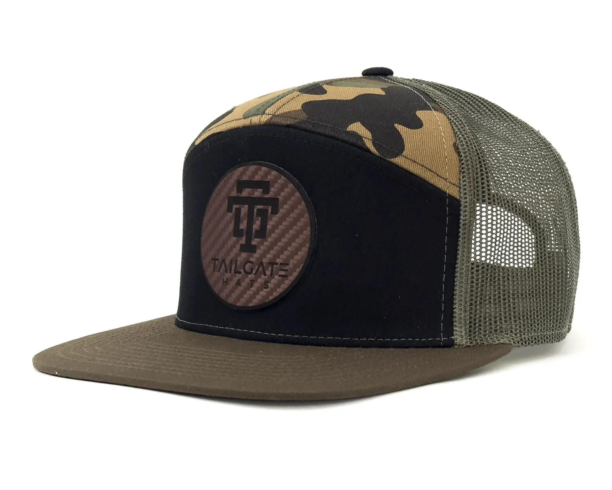 TAILGATE LOGO 7-Panel Flat Camo Hat, Richardson 168 Black
