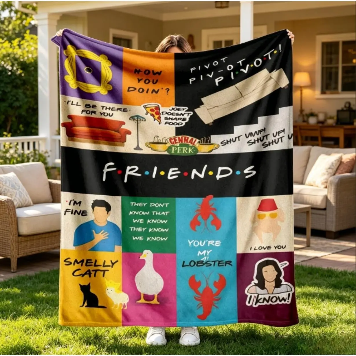 Friends TV Show Flannel Blanket, Super Soft Cozy Air Conditioning Blanket for Kids and Adults, You're My Lobster Smelly Cat Pivot Prints, 90s Sitcom Aesthetic Throw Blanket for Sofa Bed Car Travel, Cute Best Friend Graduation Birthday Gift Idea