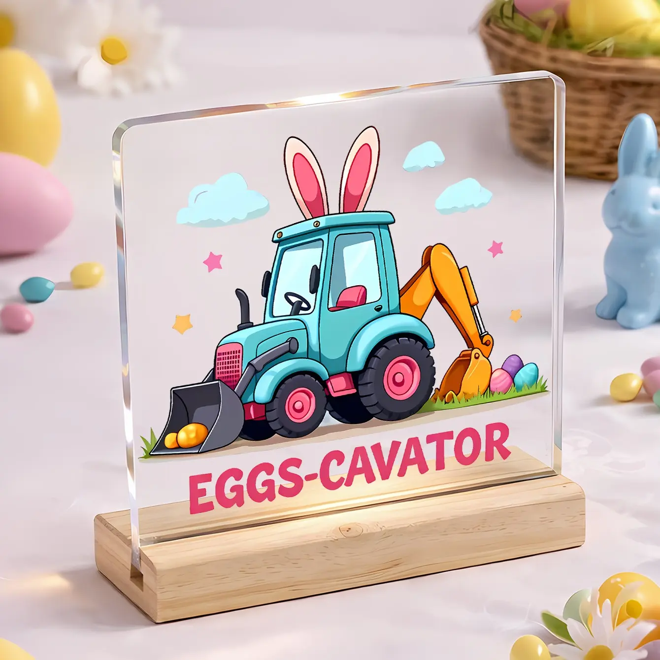 Easter Tractor Bunny Acrylic Desk Decor, Fun Spring Holiday Decoration, Unique Easter Gift for Women & Teachers, Festive Tabletop Display