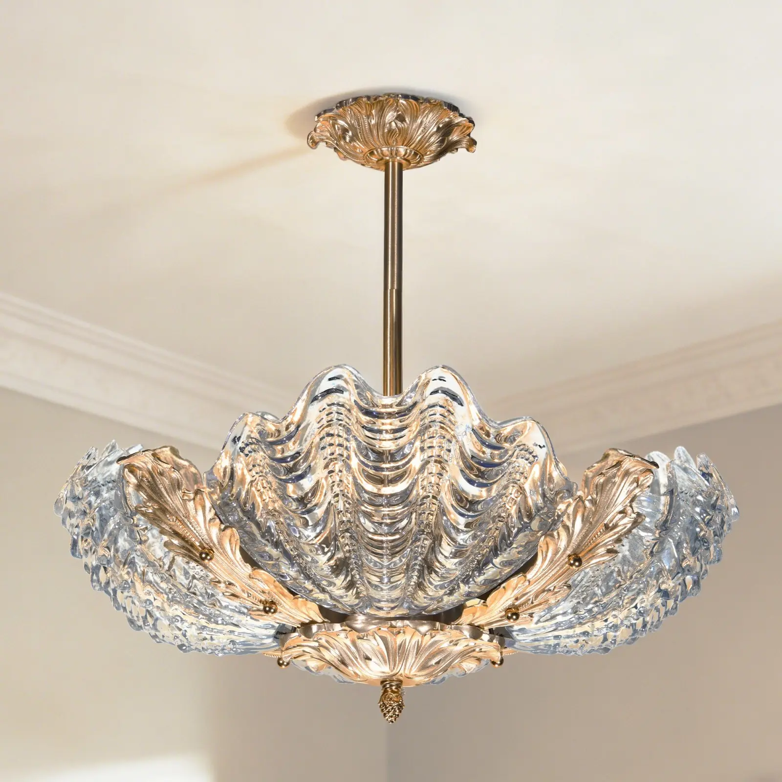 18.9 Inch Mid-Century Retro Gold 4-Light Semi-Flush Mount Chandelier, Brass Finish Clear Glass Shell Shade, for Living Room Bedroom Dining Room Hallway