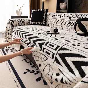 Boho Geometric Plush Sofa Cover, Anti-Scratch, Reusable, All-Purpose Couch Protector for Bedroom, Dining Room, Living Room