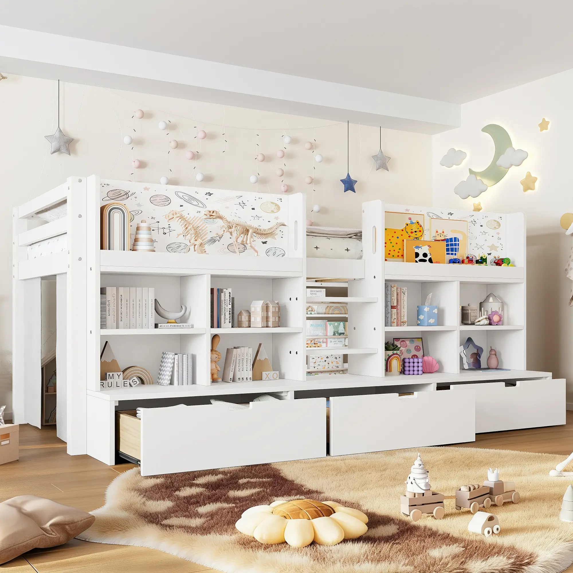 Twin XL Loft Bed with Multi-Storage Shelves and Curtain, Low Loft Bed Frame with Chalkboard, No Box Spring Needed, White, Space-Saving Kids Bedroom Furniture, Study Area Under Bed, Bedroom Furniture for Bedroom, Guest Room, Kids Room