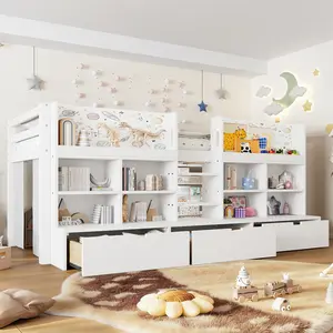 Twin XL Loft Bed with Multi-Storage Shelves and Curtain, Low Loft Bed Frame with Chalkboard, No Box Spring Needed, White, Space-Saving Kids Bedroom Furniture, Study Area Under Bed, Bedroom Furniture for Bedroom, Guest Room, Kids Room