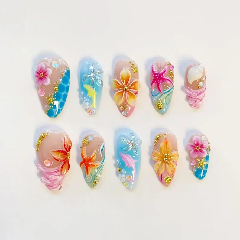 ES26 Tropical Ocean Press-On Nails, 3D Plumeria Starfish Dolphin Design, Beach Shell Mermaid Accent, Handmade Summer Vacation Nail Art, Coastal Paradise Press Ons