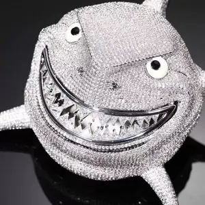 M2-2166 Big Grinning Shark Pendant Fully Flooded Sparkling Ocean Creature Statement Necklace for Rappers Trendsetters Bold Accessory outdoorfun