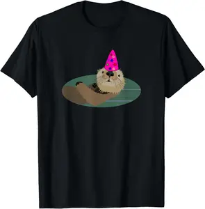 100% Cotton Sea Otter Birthday Hat Party Design T-Shirt