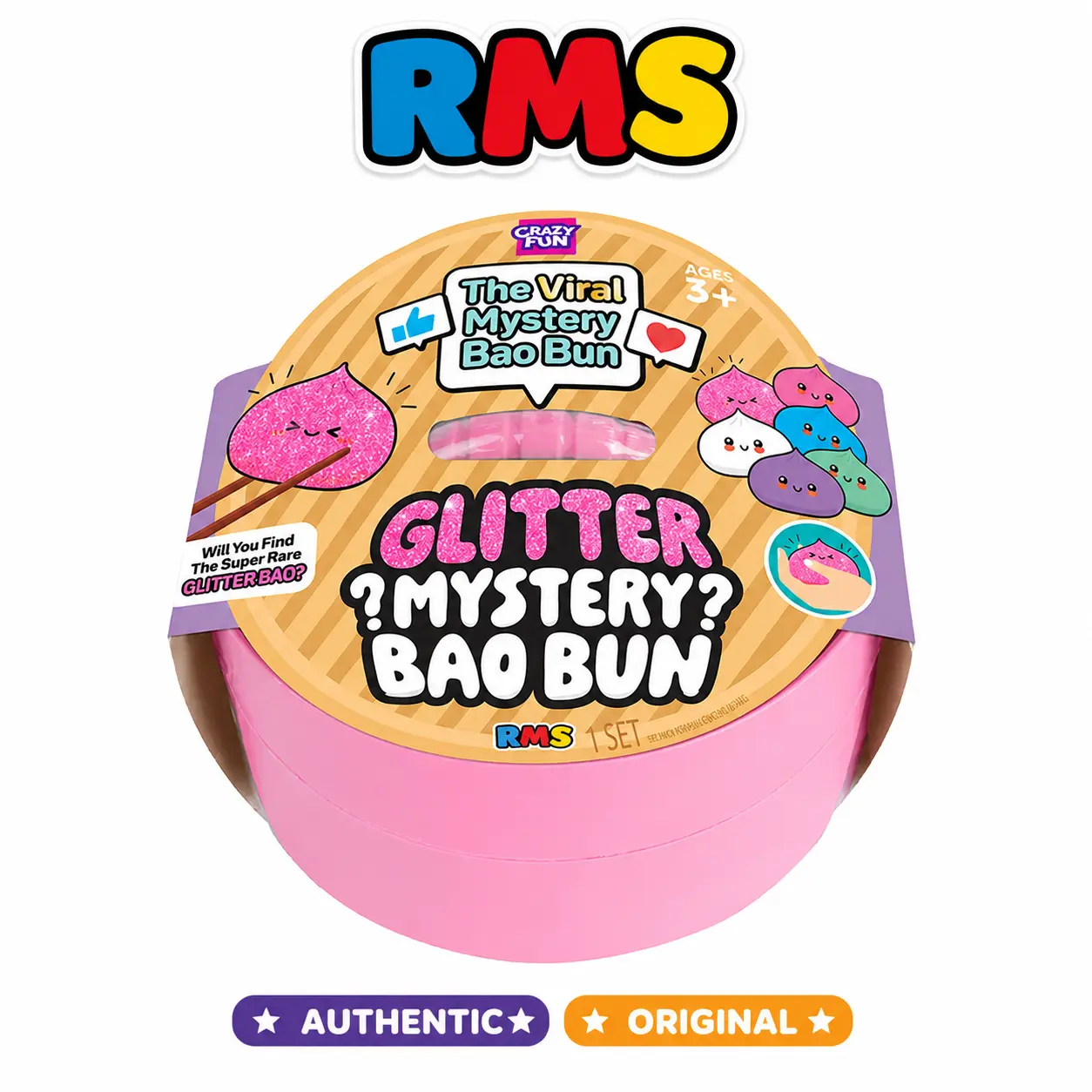 Authentic RMS Glitter Edition Mystery Dumpling Squishy Fidget Toy, Mystery Bao Bun in Sealed Pink Steamer Basket, Rare Pink Glitter Style, Collectible Sensory Toy, Ages 3+, 1 Pack
