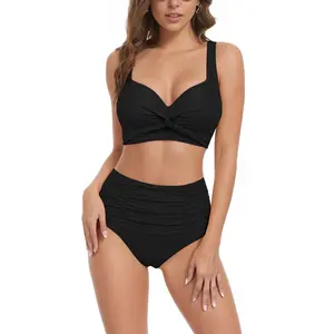 2026 New Arrival: Two-Piece Split Bikini Swimsuit — Women's Sexy V-Neck with Crisscross Detail, Paired with High-Waisted, Ruched Tummy-Control Bottoms for a Slimming, Flattering Fit.