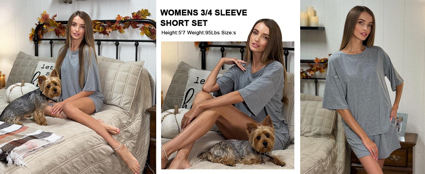 Two Piece Sets for Women Summer 3/4 Sleeve Tops and Elastic Waist Shorts Pajamas Cute Comfy Soft Lounge Striped Pjs
