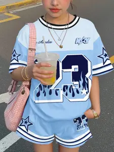 Teen Girls' Casual Loose Fit Short Sleeve Top & Shorts Set, All-Season Youth Baseball Wear, Trendy Sports