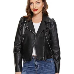 Leather Jacket for Women, Moto Biker Motocycle Coat