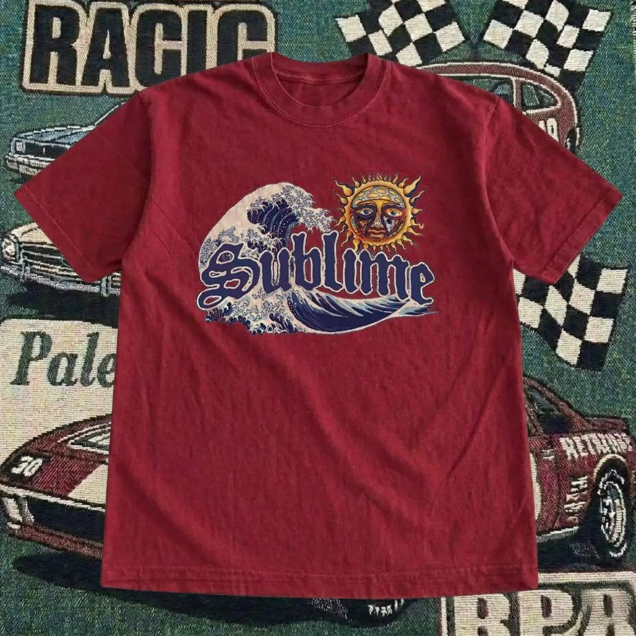 Sublime Sun T-shirt Vintage Ska Punk Band Sun Great Wave Graphic Tee, Retro Reggae Concert Shirt, Loose Fit Top