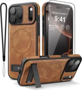 for  17 Pro Max Leather Case,Built-in Invisible Stand [Compatible with Magsafe] Protective Slim Kickstand Phone Cover for  17 Pro Max,Brown
