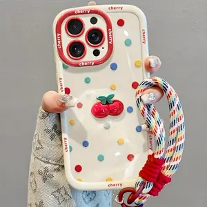 Cream-colored Shell Painted Cherry Doll with Colorful Polka Dot Phone Case, Comes with Lanyard, Suitable for iPhone 11 12 13! 4 15 16 Pro
