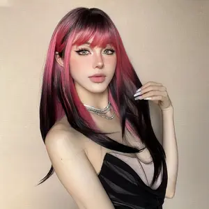 Stunning 22inch Gradient Pink to Black Layered Synthetic Wig for Women - Straight Hair, Thick Look with Bangs - 150% Density, Rose Net Cap - Suitable for Daily Use, Halloween and Cosplay - Hand Washable
