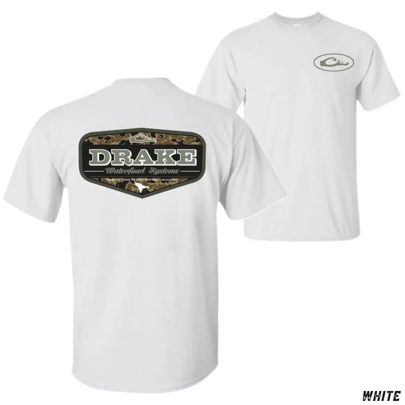 Drake Waterfowl Logo T-Shirt, Classic Camo Badge Graphic Tee, Soft Cotton Blend Shirt for Men, Outdoor Hunting Apparel, Gift for Waterfowl Hunters