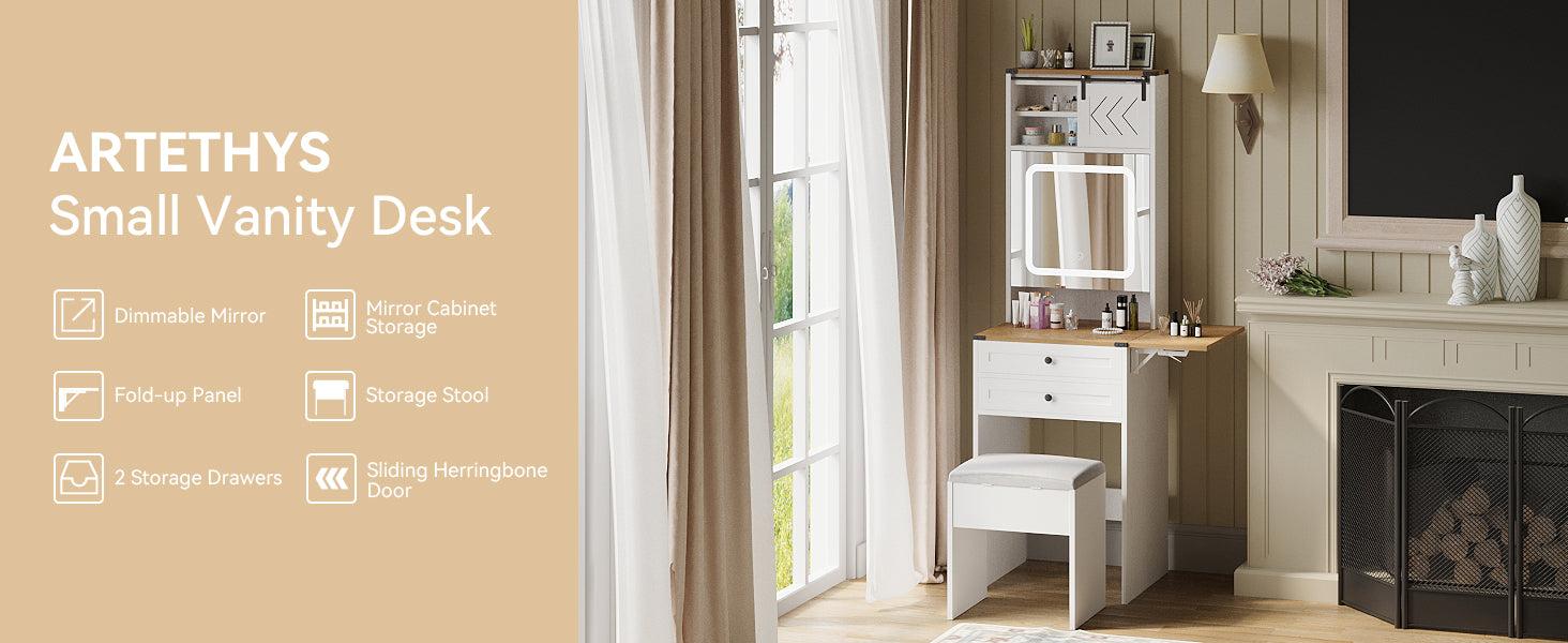 Farmhouse Small Vanity Desk Set with Mirror Cabinet Compact Makeup Vanity Set with 3 Adjustable Lights and Storage Chair for Compact Space,  Dressing Table with Fold-up Panel IF049