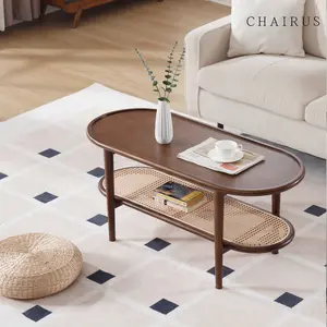 【Mother's Day Gifts】CHAIRUS Oval Rattan Coffee Table, Modern Walnut Coffee Table with Rattan Storage Shelf for Living Room, 2-Tier Center Table Side Table for Bedroom Office Small Space Cafe Round