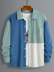 Men's Blue Corduroy Button-Down Shirt, Button Up Shirt, Trendy Colorblock Design, Casual Collared Street Style Long Sleeve Top for Fall & Winter