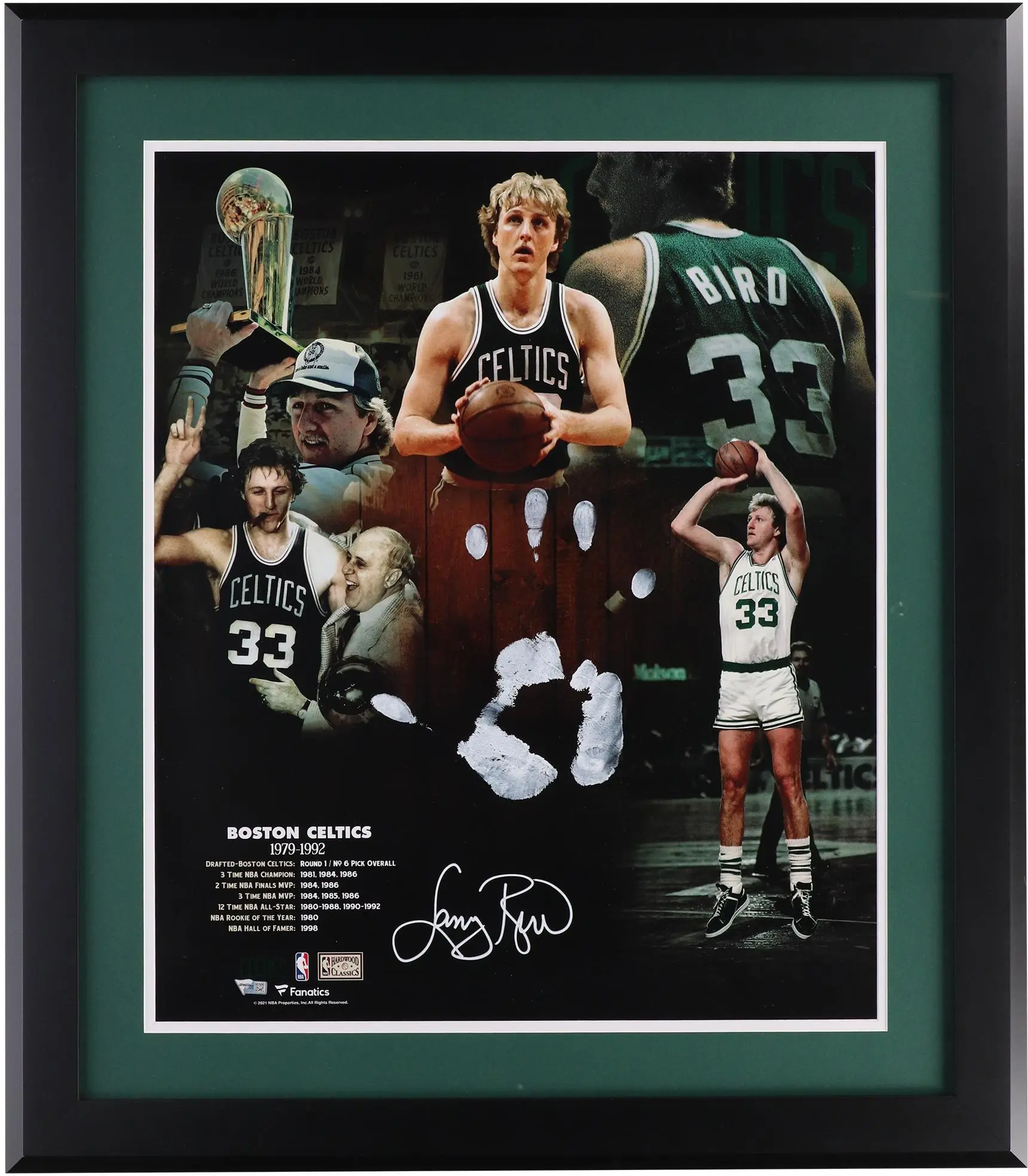 Larry Bird Boston Celtics Framed Autographed 20" x 24" Career Collage with White Acrylic Paint Hand Print - Fanatics Authentic Certified