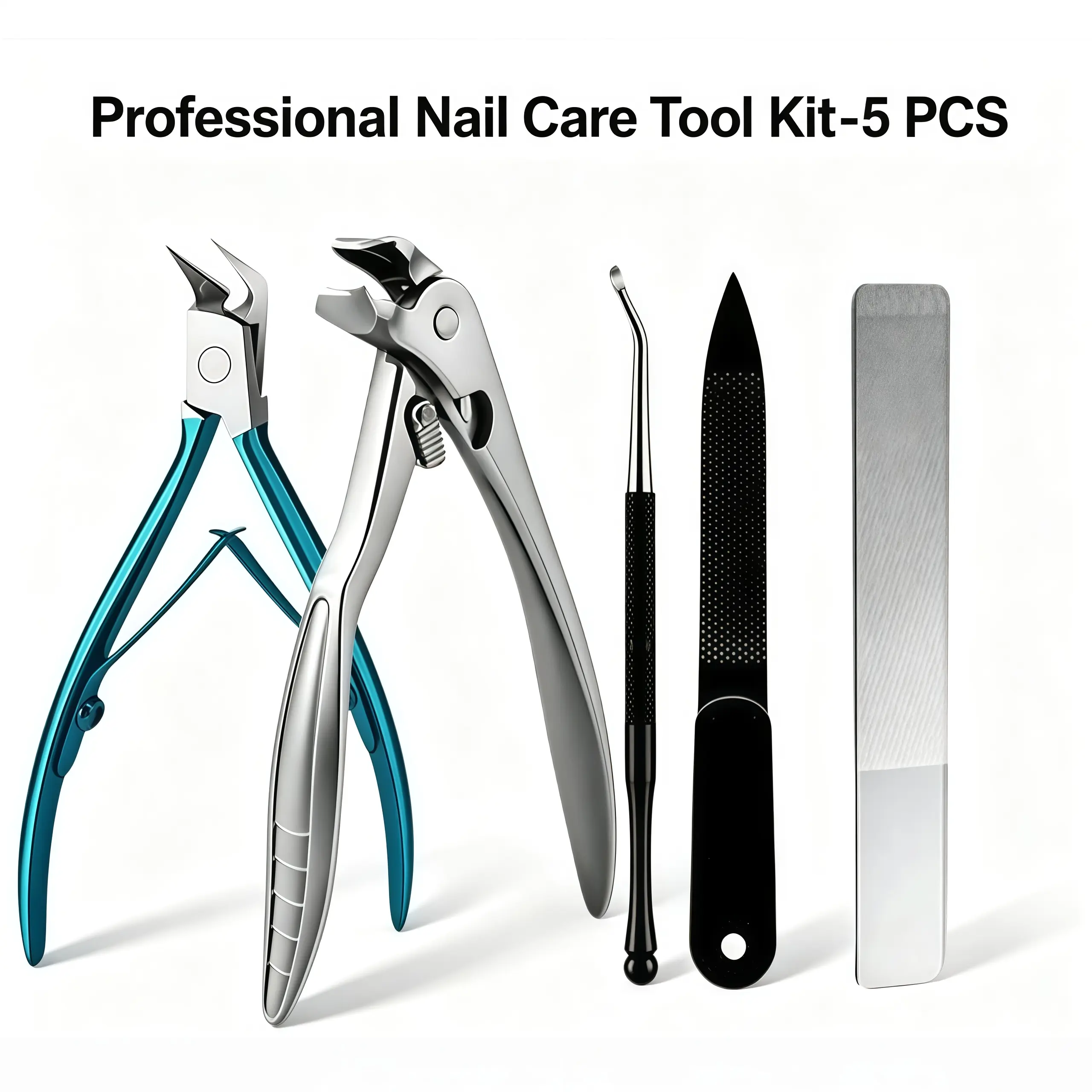 5PCS Stainless Steel Ingrown Toenail Tool Set - Heavy-Duty Wide-Jaw Clipper, Cuticle Trimmer, Files - Professional Pedicure Kit for Thick Nails