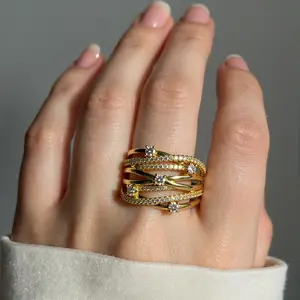 18K Gold Plated Criss Cross Multi Layer Ring | Tarnish Resistant Hypoallergenic Shiny CZ Diamond Statement Band | Stackable Dainty Fashion Jewelry | 2026 Viral Trendy Aesthetic Ring for Women | Perfect Daily Wear Party Birthday Anniversary Gift for Her