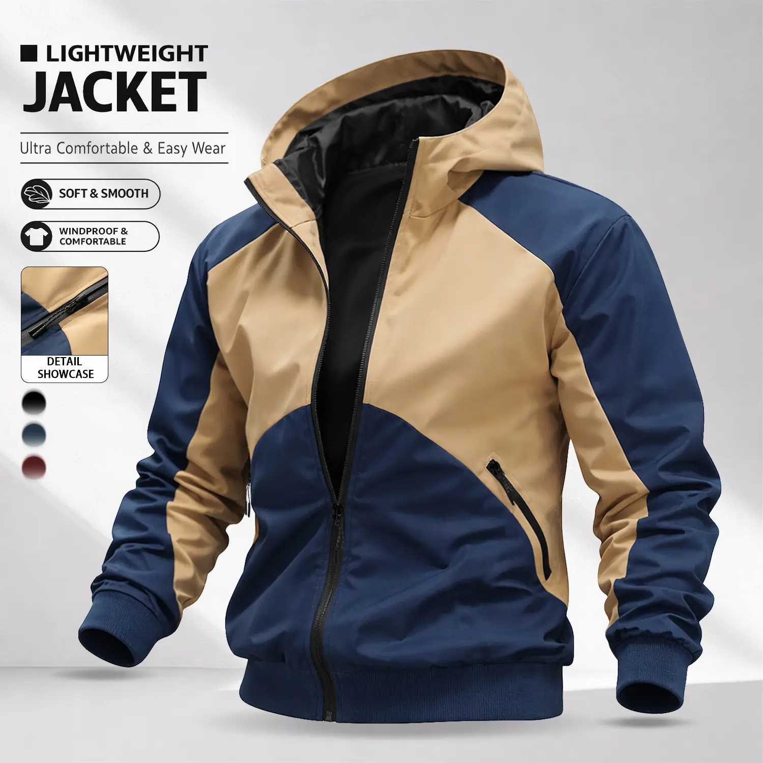 Men’s Autumn/Winter Khaki Colorblock Hooded Jacket, Loose Fit, Zipper Closure & Side Pockets, Lightweight Casual Sports Jacket, Available in Multiple Colors