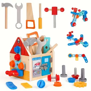 Wooden Children's Tool Set with Latch Lock Mixed Color Educational Construction Toys Pretend Play Kit for Kids Ideal Birthday or Christmas Gift fathersdaygift