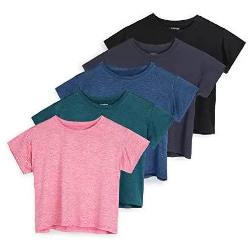 Real Essentials 5 Pack: Women's Dry Fit Crop Top - Short Sleeve Crew Neck Stretch Athletic Tee (Available in Plus Size) Real Essentials 5 Pack: Women's Dry Fit Crop Top - Short Sleeve Crew Neck Stretch Athletic Tee (Available in Plus Size)