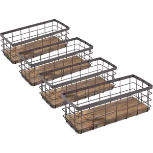 Small Metal Wire Storage Basket, Detachable Wood Base Storage Organizer Bin Basket for Kitchen Cabinets, Bathroom, Pantry, Garage, Laundry Room - Brown (4 Pack)