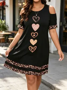 Elegant Women's Dress, Leopard Print and Heart Pattern, Round Neck Short Sleeve, Casual Daily Wear, Versatile Fashion, Summer, Womenswear