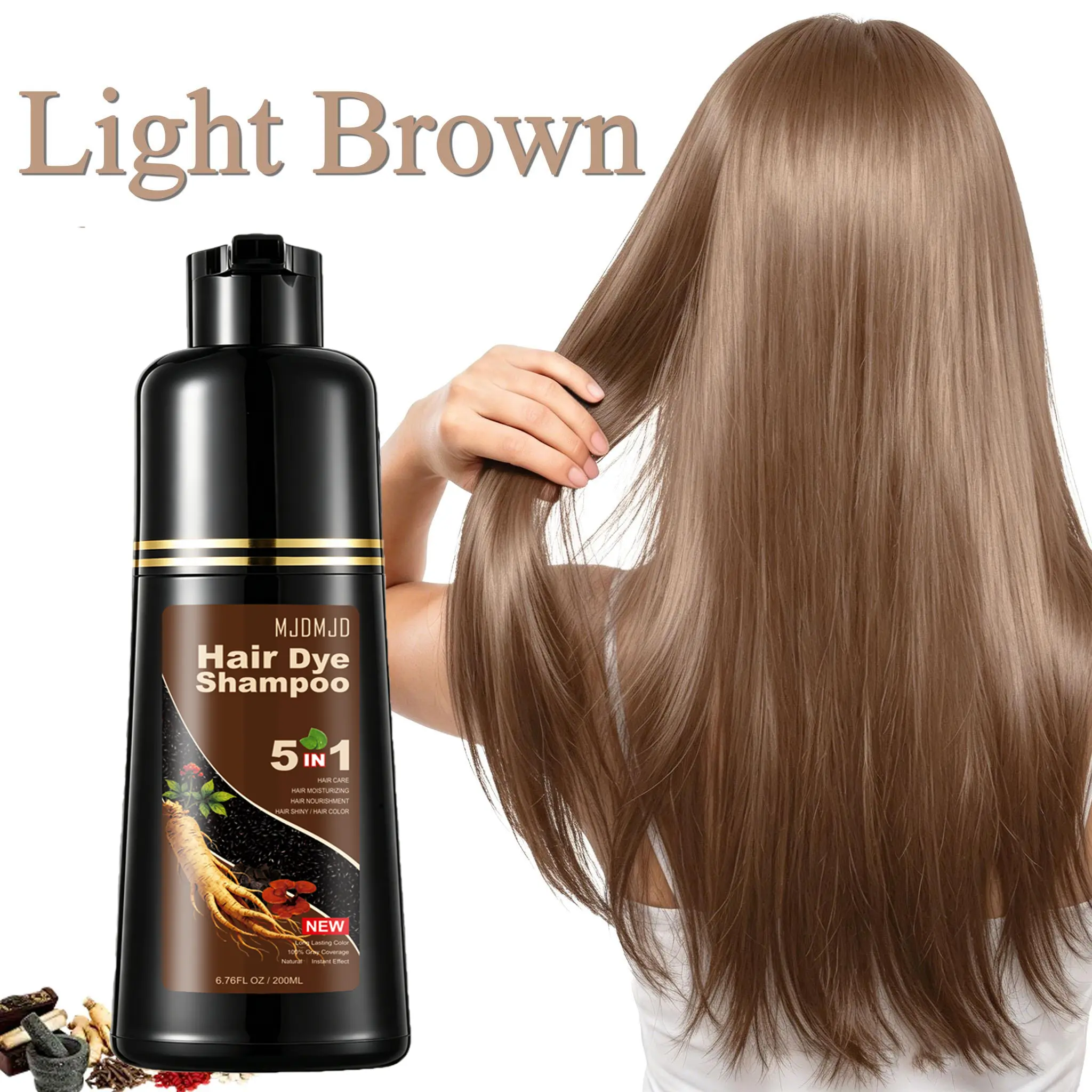 Light Brown 5-in-1 Hair Dye Shampoo, Herb-Based Gentle Gray Hair Coverage, Semi-Permanent Formula, Moisturizing & Nourishing, Fast Coloring, Easy At-Home Application, 200ml