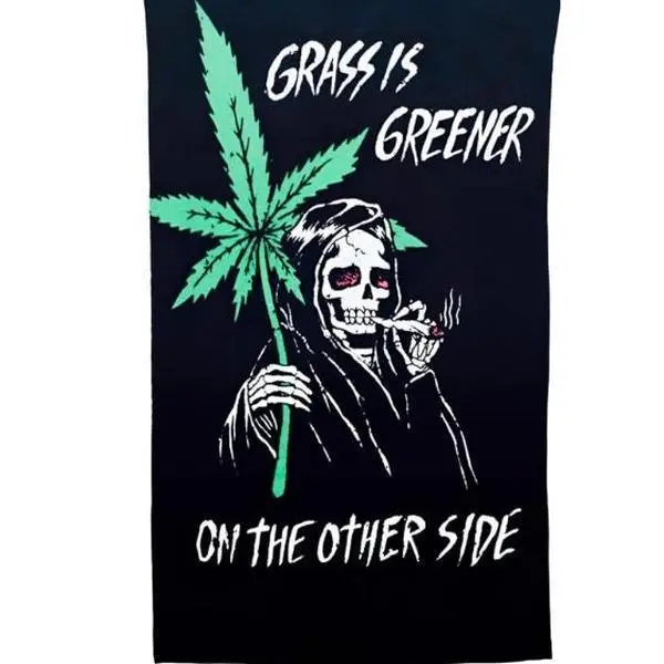 Reefer Reaper Velvet Skull Tapestry - 90s Retro Trippy Grunge Weed Decorative Flag, Light Peach Home Decor, Men's Room Wall Art, Cool Room Accent, Hand Wash Safe Lightweight 420 Gift, Cool Room Decor, Trippy Room Decor