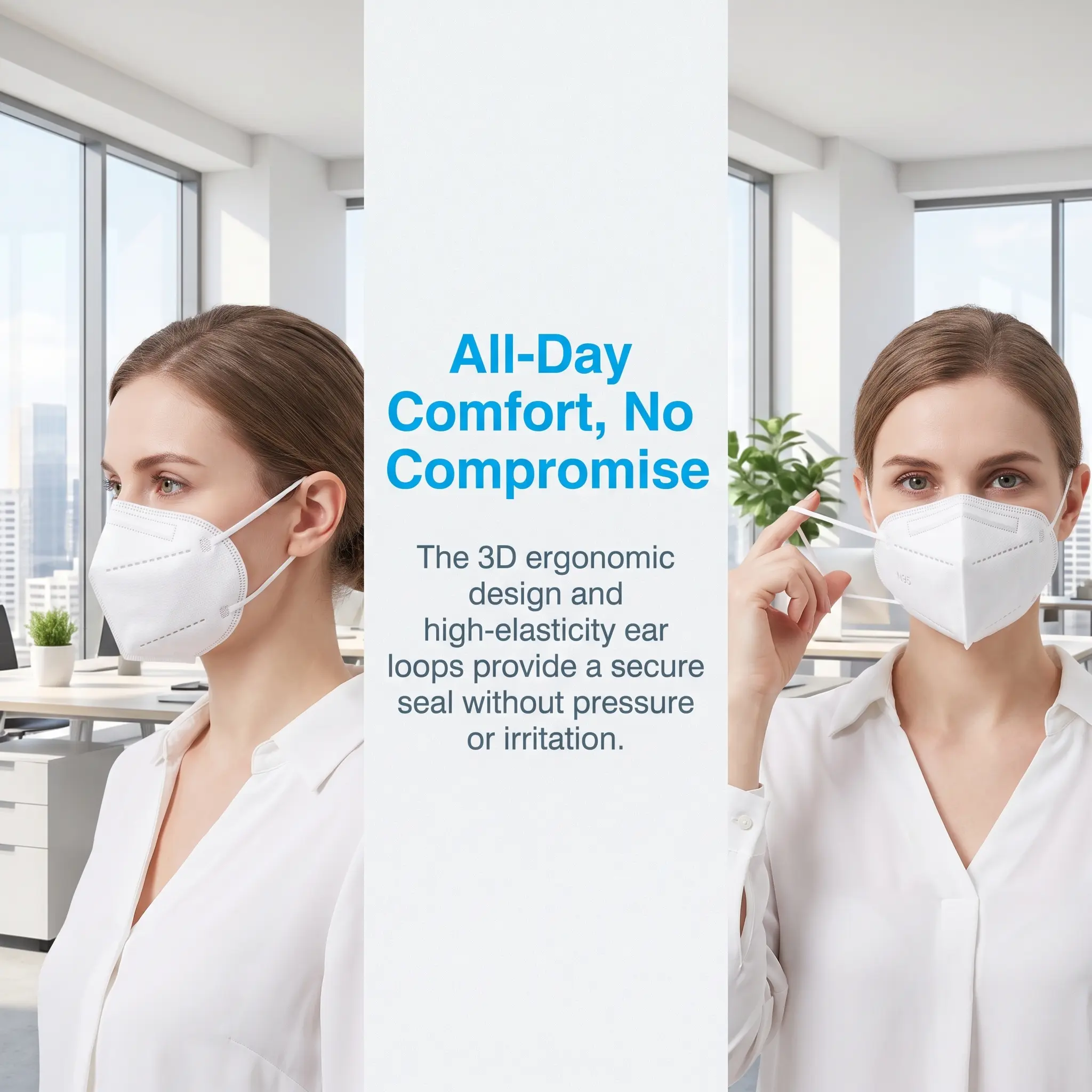 N95-Grade 5-Layer Disposable Protective Face Mask, 3D Ergonomic Design, Adjustable Nose Bridge, High Elasticity Ear Loops, BFE 95%+, for Daily Commute, Pollen Protection (White)