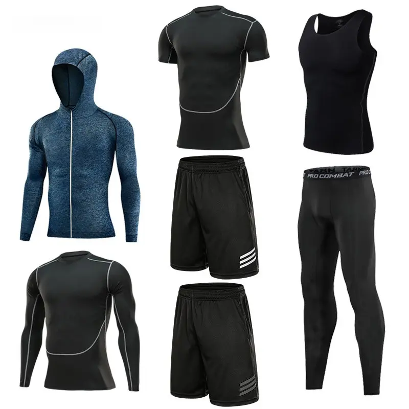 Men's 7-Piece Gym Fitness Suit, Quick-Drying Sports Set with Zip-Up Hoodie, Compression Shirts, Tank Top, Leggings, Shorts, Running Tights for Basketball Activities