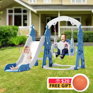 XJD 4 in 1 Kids Slide and Swing Set with Basketball Hoop, Climbing Ladder - Multifunctional Play Center for Active Fun for Kids Age 3-4 years