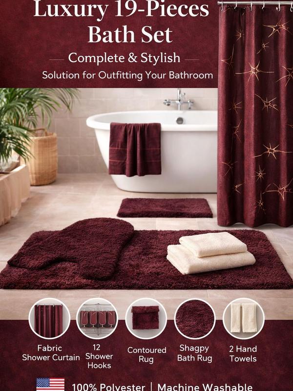 Luxury 19-Piece Bathroom Set Includes 2 Bath Mats Toilet Seat Cover Shower Curtain 3 Towels 12 Hooks Complete Ensemble for Coordinated Look Decorative Versatile Design