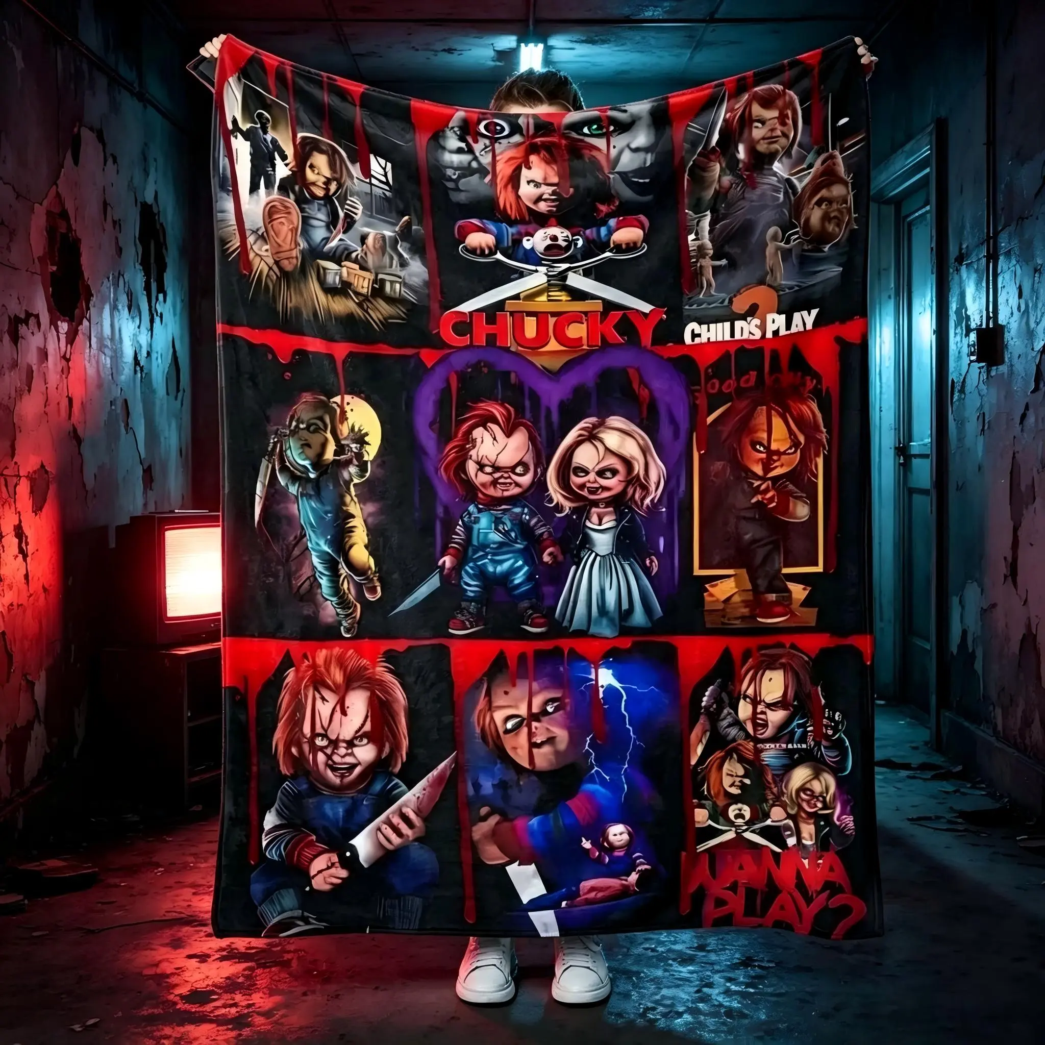 Chucky Horror Movie Series Lightweight Soft Flannel Throw Blanket - Asian Style Knit Fabric Digital Print, Multipurpose for Sofa & Bed, Ideal Halloween Decoration Gift