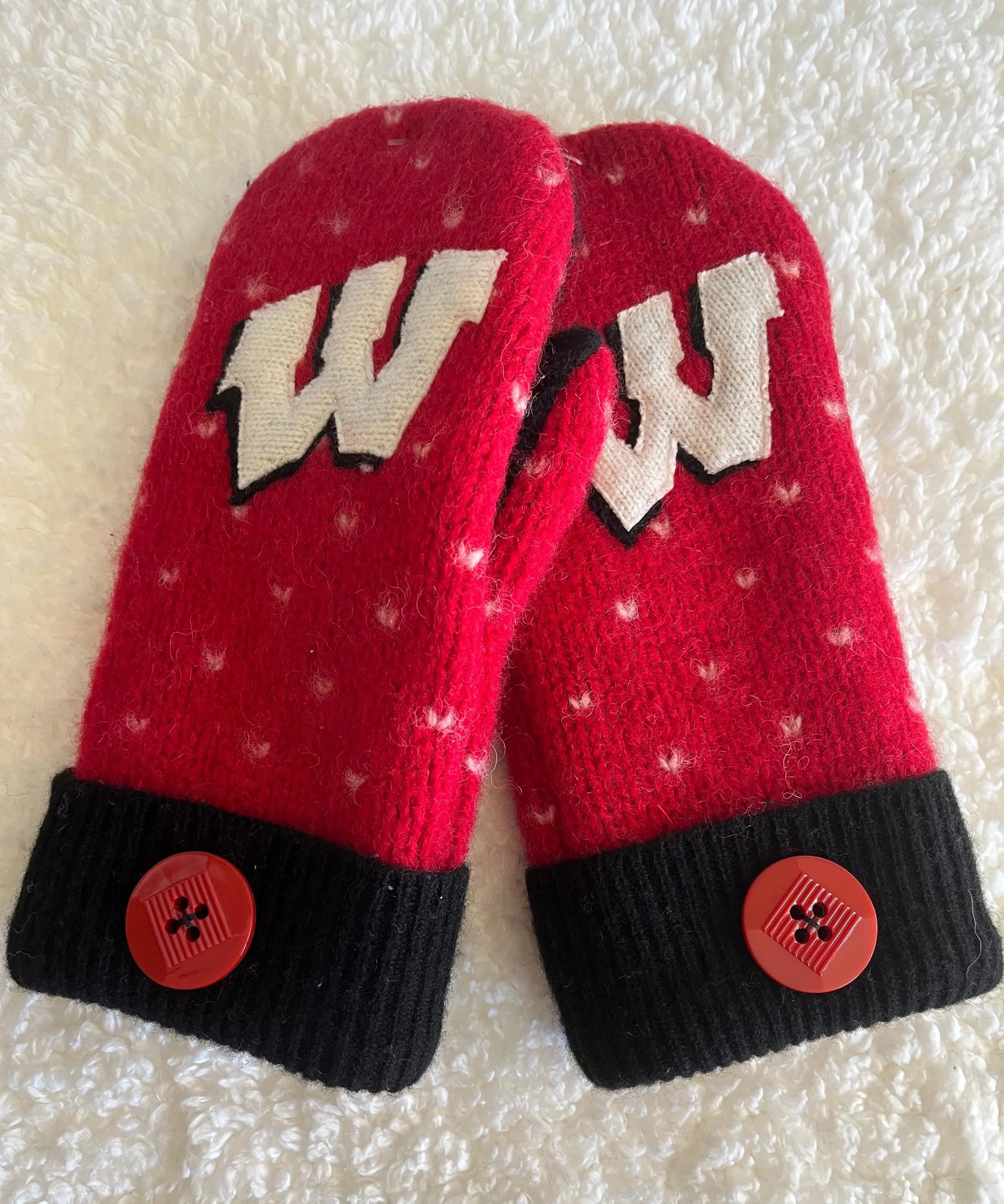 Wisconsin Badger eco friendly, upcycled, wool sweater mittens, fleece lined