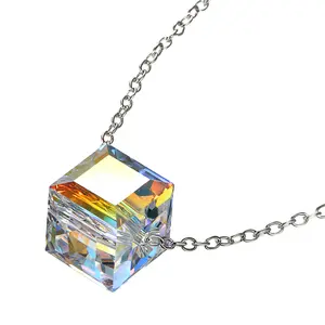 OIDEA Women's Sterling Silver Tone Aurore Boreale Crystal Glass Elements Square Cube Necklace, 17-Inch
