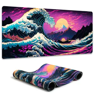 Large Japanese Sea Wave Gaming Mouse Pad - Blacklight Kanagawa Waterproof Desk Mat, 31.5" x 11.8" Extended Non-Slip Rubber Base, Office & Home Computer Keyboard Pad