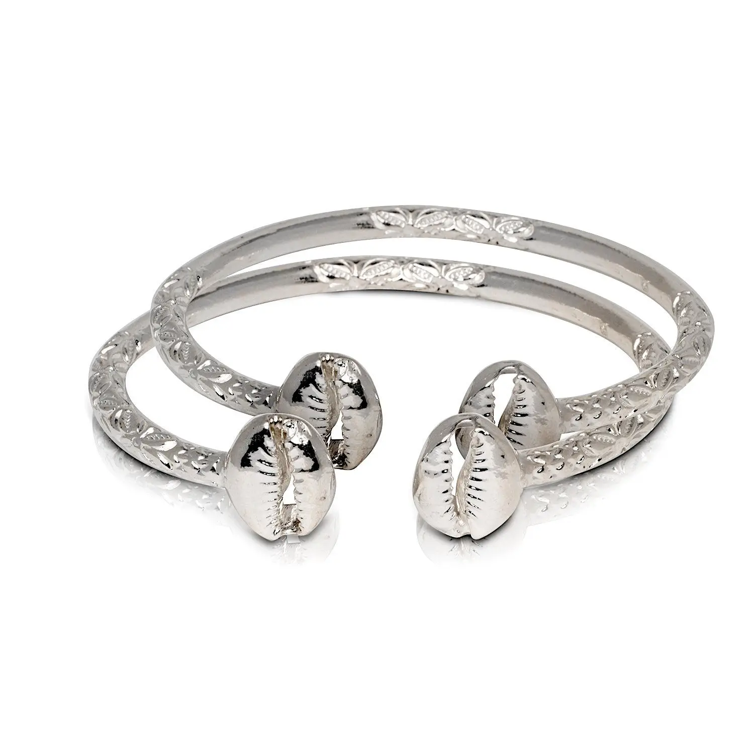 Better Jewelry Solid .925 Sterling Silver Cowrie Shell Bangles, 1 pair