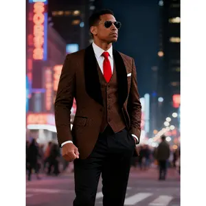 Men's Suit 3-Piece Shawl Lapel Tuxedo Set, Luxury Paisley Jacquard Blazer Jacket & Vest with Black Pants for Wedding, Dinner, Formal Events