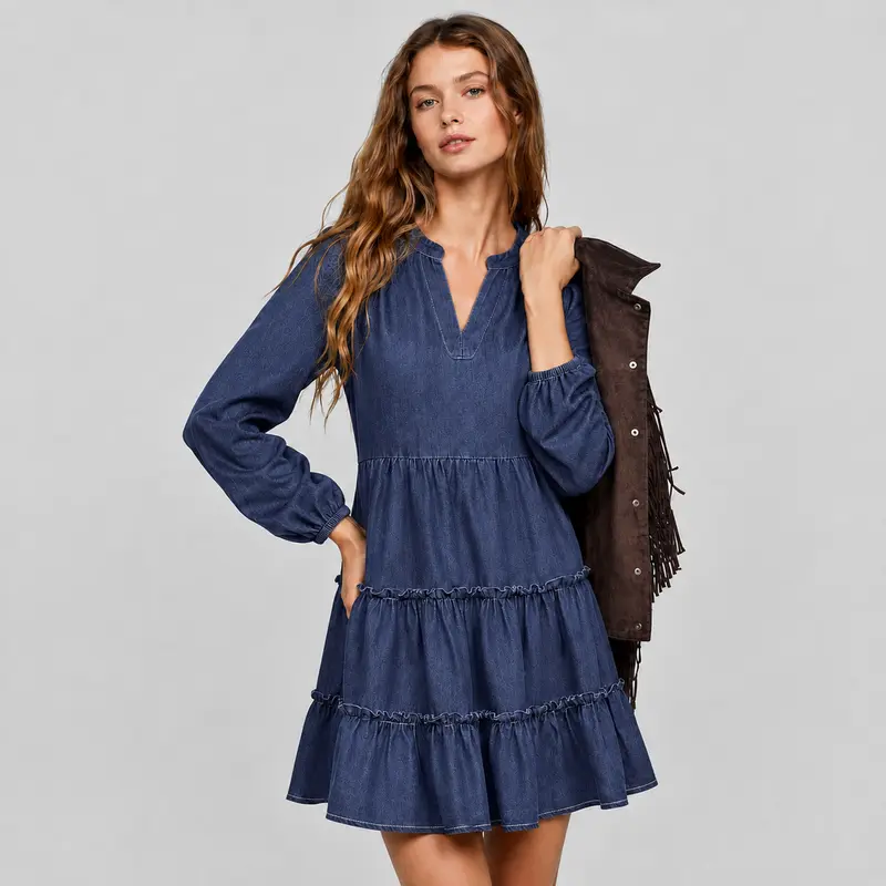 Florboom Women's Denim Dress V Neck Lantern Long Sleeve Ruffle Tiered Mini Dress with Pockets, Vintage Style Boho Elastic Waist Dress, A Line Casual Loose Fit Dress for Daily Wear, Date, Country Concert, Fall Outfits Sohochic